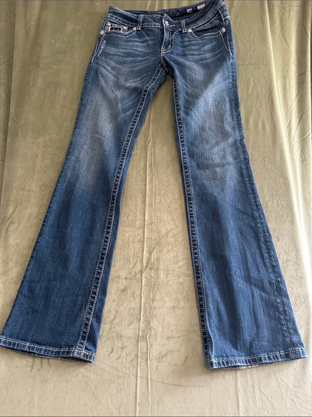 #968 Miss Me Medium Blue Flare Jeans with Whisker Fade